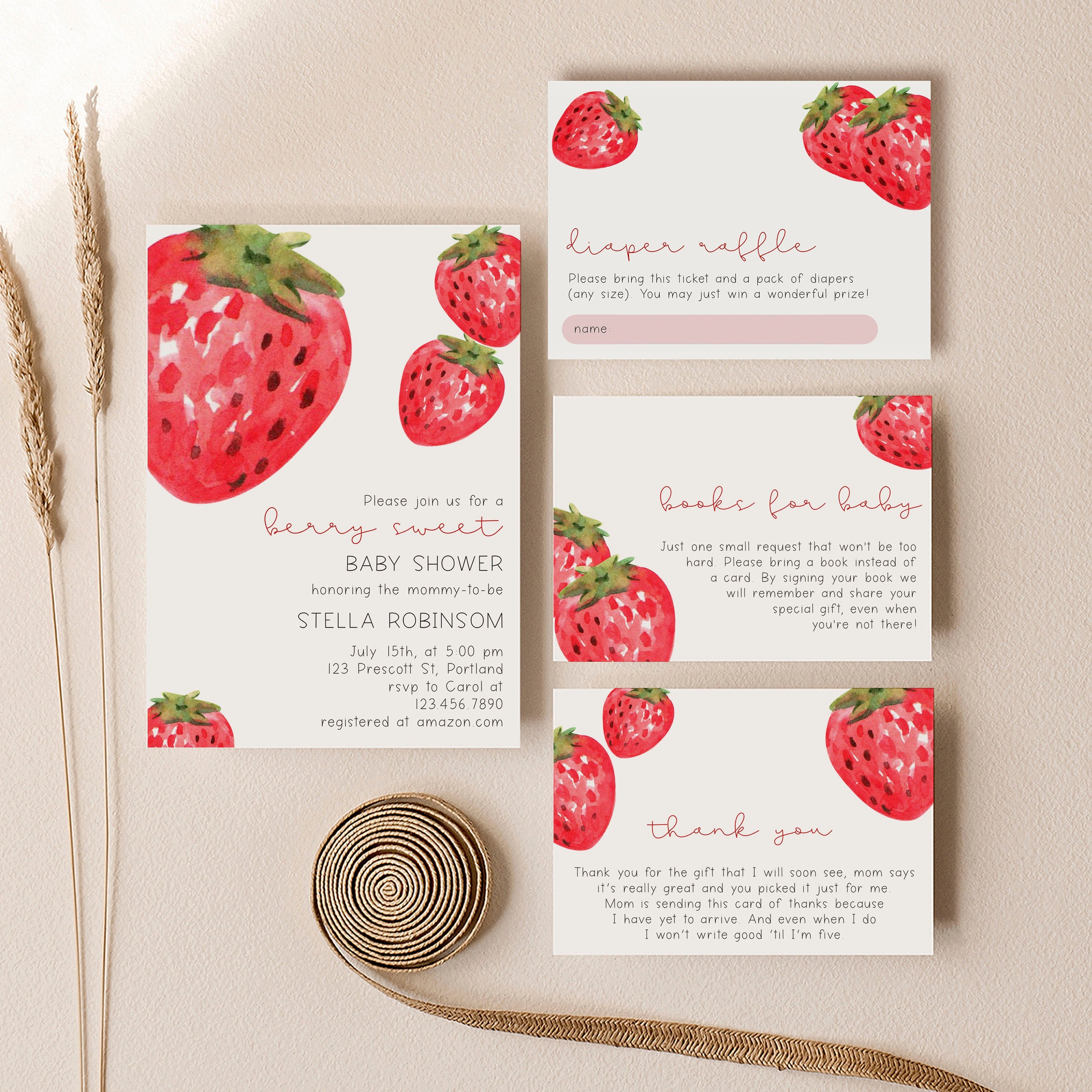 MARGOT - Strawberry Baby Shower Invitation Set, A Berry Sweet Baby Shower Invitation Template, Red Strawberry Baby Shower Invite, Girl