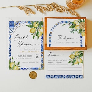 ALICIA - Blaue Fliesen und Zitronen Bridal Shower Einladungs-Set, bearbeitbare italienische Brautparty-Einladungs-Set, Citrus Arch Brauteinladung