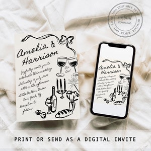 Puede incluir: Una invitaci&oacute;n de boda en blanco y negro con una ilustraci&oacute;n dibujada a mano de una botella de vino, dos copas de vino, una hogaza de pan y velas. El texto de la invitaci&oacute;n dice "Amelia & Harrison" e incluye la fecha y la hora de la boda.