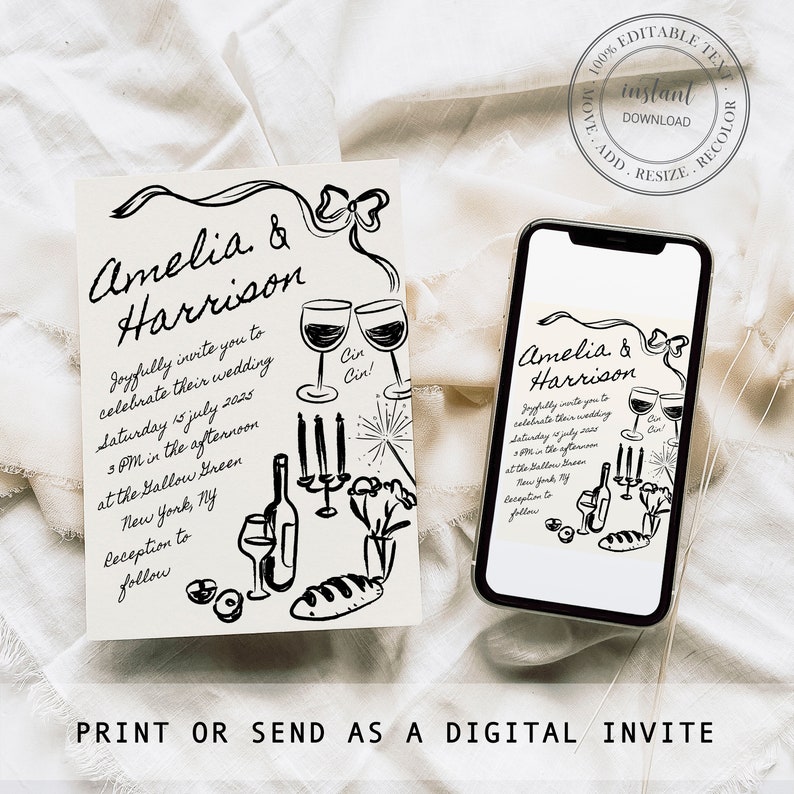 Puede incluir: Una invitaci&oacute;n de boda en blanco y negro con una ilustraci&oacute;n dibujada a mano de una botella de vino, dos copas de vino, una hogaza de pan y velas. El texto de la invitaci&oacute;n dice "Amelia & Harrison" e incluye la fecha y la hora de la boda.