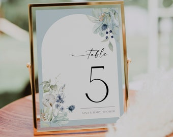 NINA - Dusty Blue Floral Baby Shower Table Number Sign Template, Editable Winter Wedding Table Number Sign , Boho Table Number Sign, Arch