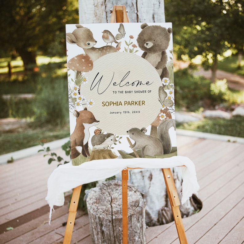 SOPHIA Woodland Baby Shower Welcome Sign Template Editable - Etsy