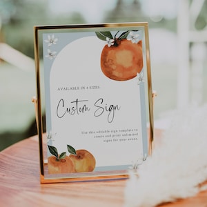 ZOEY - Citrus Baby Shower Custom Sign Template, A Little Cutie is on The Way, Editable Mandarin Orange Baby Table Sign, Dusty Blue Arch