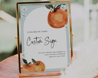ZOEY - Citrus Baby Shower Custom Sign Template, A Little Cutie is on The Way, Editable Mandarin Orange Baby Table Sign, Dusty Blue Arch