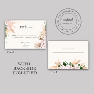 Pode incluir: Um cart&atilde;o RSVP de dupla face com ilustra&ccedil;&otilde;es florais e de capim-dos-pampas. O lado da frente inclui campos para o nome do convidado, aceita&ccedil;&atilde;o ou recusa e o endere&ccedil;o do evento. O verso tem um espa&ccedil;o para requisitos diet&eacute;ticos. O texto "Download instant&acirc;neo" tamb&eacute;m &eacute; vis&iacute;vel.