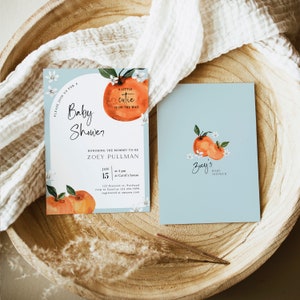 ZOEY - Citrus Baby Shower Invitation Template, A Little Cutie is on The Way, Editable Mandarin Orange Baby Invite, Dusty Blue Shower Arch
