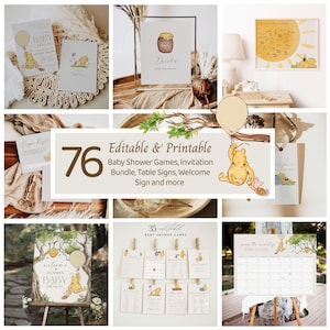 Winnie the Pooh Baby Shower Bundle, Editable Classic Pooh Invitation, Baby Shower Games, Welcome Sign, Table Sign, Favor Tag, Signature Sign