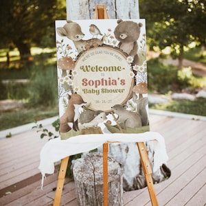 SOPHIA - panneau de bienvenue pour baby shower des bois, panneau d'affiche de bienvenue pour shower de bébé verdure animaux de la forêt, panneau de bienvenue modifiable animaux des bois