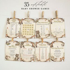 SOPHIA - Editable Woodland Baby Shower Games Template, Printable Forest Animals Baby Games Bundle, Woodland Baby Shower Party Games Pack