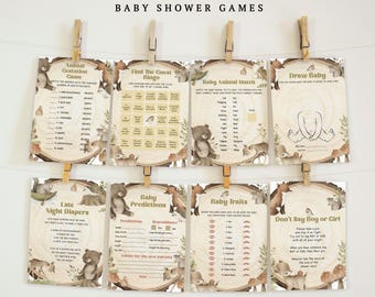 SOPHIA - Editable Woodland Baby Shower Games Template, Printable Forest Animals Baby Games Bundle, Woodland Baby Shower Party Games Pack