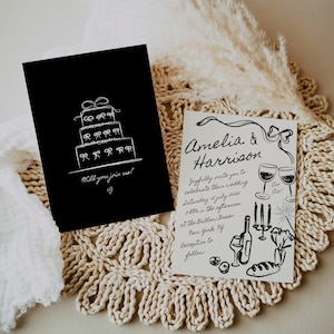 Puede incluir: Invitaci&oacute;n de boda en blanco y negro con una ilustraci&oacute;n de pastel y el texto "Will you join us?" a la izquierda. El lado derecho presenta el texto "Amelia & Harrison" y detalles sobre su boda el 15 de julio de 2025, en el Gallow Green en Nueva York, NY.