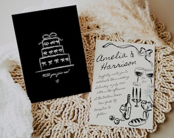 AMELIA - Handritad bröllopsinbjudningsmall, redigerbar handskriven bröllopsinbjudan, klotterillustrationsinbjudan, nyckfull inbjudan