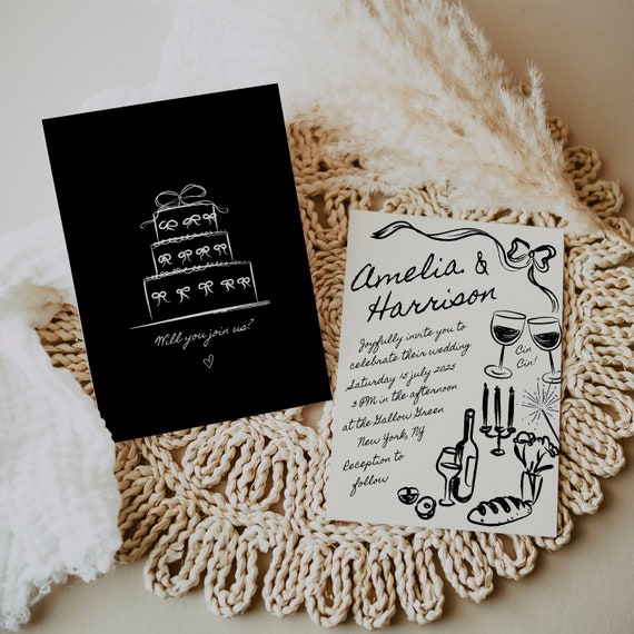 AMELIA - Hand Drawn Wedding Invitation Template, Editable Handwritten Wedding Invitation, Scribble Illustration Invite, Whimsical Invitation
