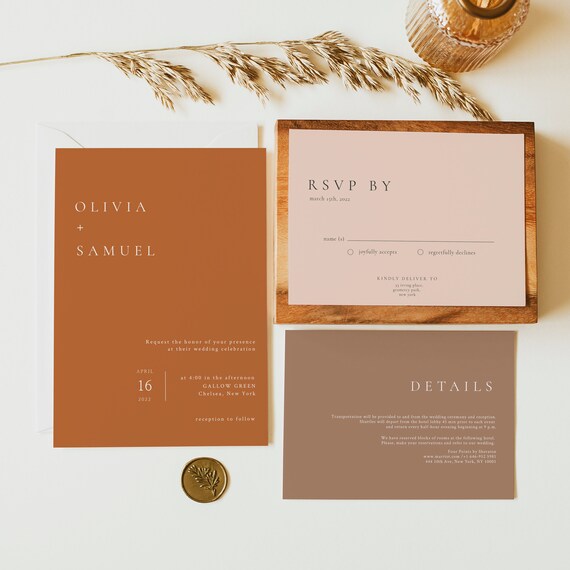 Editable Terracotta Wedding Invitation Suite, Burnt Orange Wedding Invitation Template Set, Rust Wedding Invite, Modern Minimalist Boho, Tm1