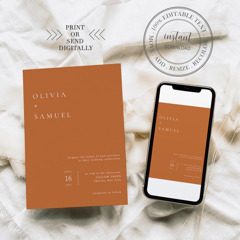 Puede incluir: Una plantilla de invitaci&oacute;n de boda digital con un fondo naranja quemado y texto blanco. La invitaci&oacute;n dice "Olivia + Samuel" e incluye la fecha, la hora y el lugar de la boda. El texto "Request the honor of your presence at their wedding celebration" tambi&eacute;n est&aacute; incluido. La plantilla se muestra en la pantalla de un tel&eacute;fono y en una tarjeta impresa.
