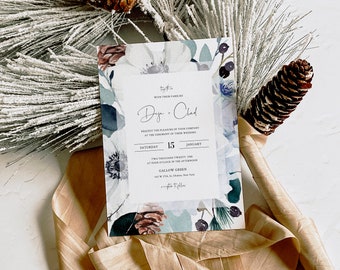 Dusty Blue Wedding Invitation Template Winter Blue Floral Invite Anemone Conifer Eucalyptus Editable Imprimible INSTANT DOWNLOAD Win1