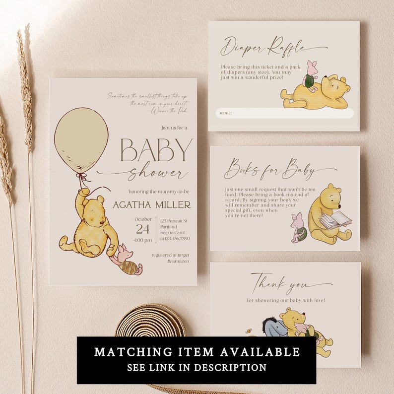 May include: A Winnie the Pooh themed baby shower invitation set with a yellow balloon, a bear holding a book, and a bear holding a diaper. The invitation includes the text "Join us for a Baby Shower" and "Honoring the mommy-to-be Agatha Miller".