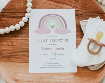 EDITABLE Rainbow Baby Shower Invitation Template Pink Muted Tones Rainbow Invitation Pastel Rainbow Girl Baby Shower INSTANT DOWNLOAD Rb1