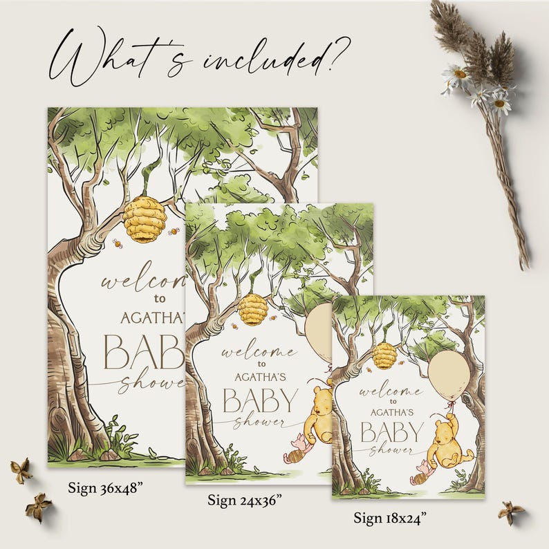 May include: Three Winnie the Pooh themed baby shower signs with watercolor illustrations of Winnie the Pooh and Piglet in a forest setting. The signs are 36x48 inches, 24x36 inches, and 18x24 inches. The text on the signs reads "Welcome to Agatha's Baby Shower".
