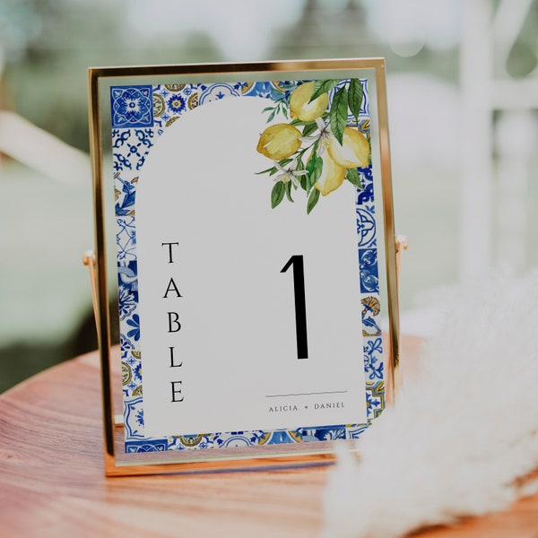 ALICIA - Blue Tiles and Lemons Wedding Table Numbers Template, Editable Mediterranean Table Numbers Sign, Arched Table Number, Citrus Arch