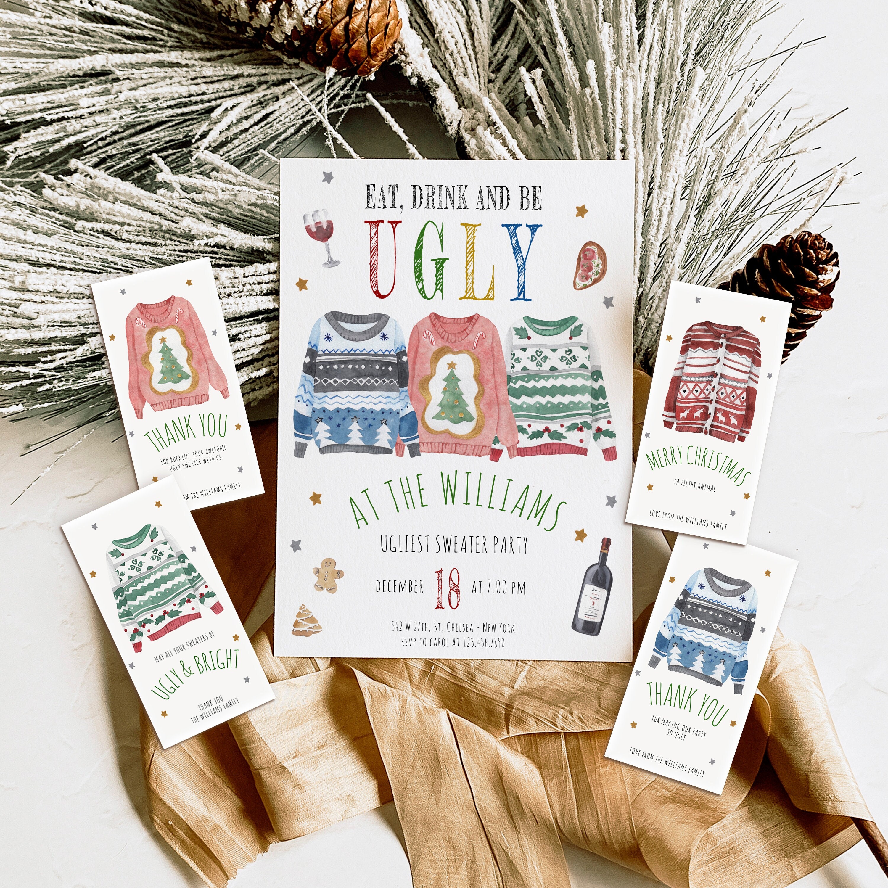 HOLLY - Ugly Sweater Party Invitation Template, Editable Christmas Sweater Party Invite, Ugly Sweater Thank You Tag, Holiday Party, Favor