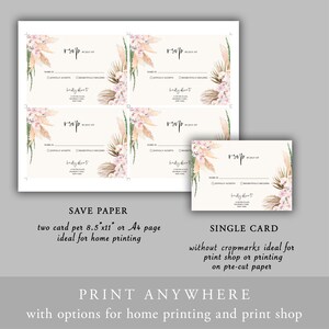 Pode incluir: Cart&otilde;es RSVP com designs florais e de capim-dos-pampas em aquarela. Os cart&otilde;es t&ecirc;m o texto "RSVP by July 1st" e "Kindly reply to". A imagem tamb&eacute;m inclui texto sobre op&ccedil;&otilde;es de impress&atilde;o.