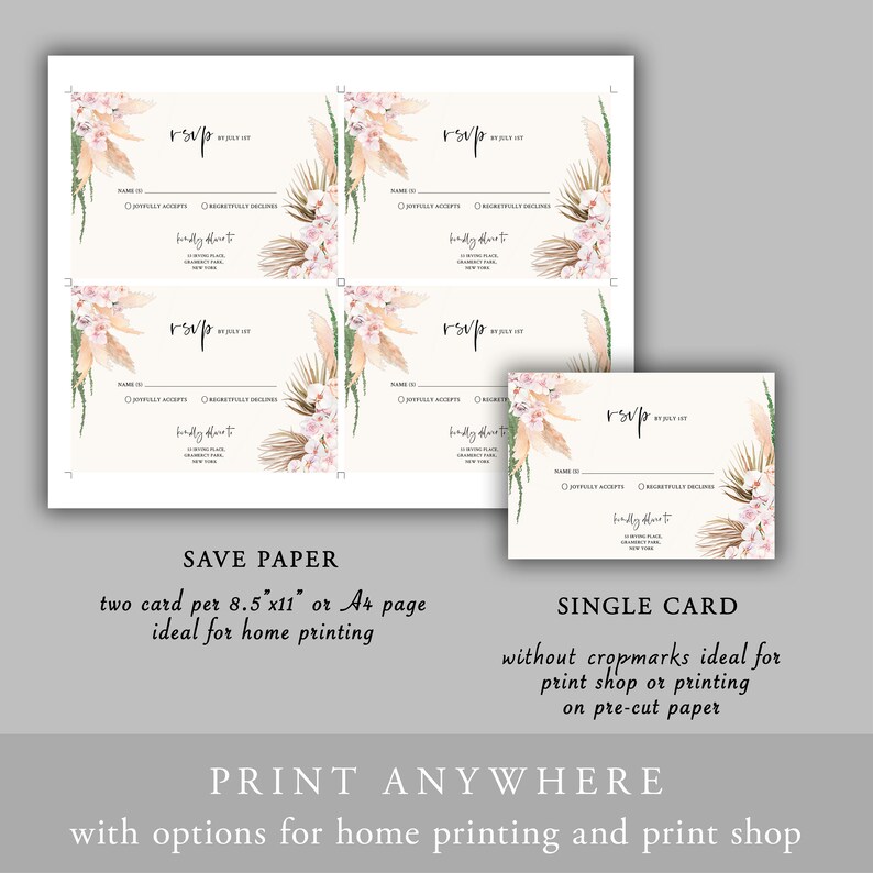 Pode incluir: Cart&otilde;es RSVP com designs florais e de capim-dos-pampas em aquarela. Os cart&otilde;es t&ecirc;m o texto "RSVP by July 1st" e "Kindly reply to". A imagem tamb&eacute;m inclui texto sobre op&ccedil;&otilde;es de impress&atilde;o.
