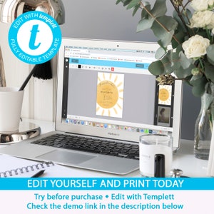 K&ouml;nnte beinhalten: Ein Laptop-Computer, auf dem eine digitale Einladung mit einer gelben Sonnengrafik und dem Text "My sunshine is turning 5!" und "Mila Smith" angezeigt wird. Die Einladung wird mit einer Website namens Templett bearbeitet.