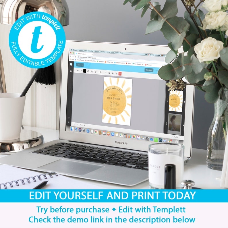 K&ouml;nnte beinhalten: Ein Laptop-Computer, auf dem eine digitale Einladung mit einer gelben Sonnengrafik und dem Text "My sunshine is turning 5!" und "Mila Smith" angezeigt wird. Die Einladung wird mit einer Website namens Templett bearbeitet.