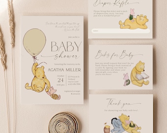 POOH - Classic Winnie the Pooh Baby Shower Invitation, Editable Winnie the Pooh Invitation Set, Vintage Pooh Bear Invitation, Baby Sprinkle