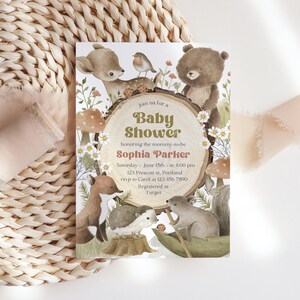 SOPHIA - modèle d'Invitation pour baby shower des bois, Invitation animaux de la forêt, Invitation animaux des bois modifiable, Invitation de verdure modifiable