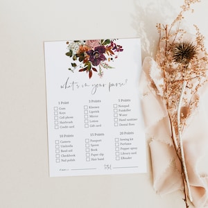 EDITABLE Fall Bridal Shower Whats In Your Purse Game Template Printable Boho Floral Burgundy Wedding Shower INSTANT DOWNLOAD Templett Bcf