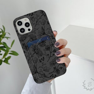 Black Flowers card pocket case iPhone 15 Plus 14 Pro 13 mini 12 11 iPhone SE 2020 XS Max XR X iPhone 8 7 Samsung S23 S22 S21 S20 sl479