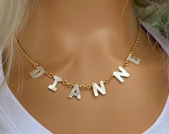 Custom name choker necklace for women with mother of pearl letters, simple name chain, tiny letter necklace, mindfulness gift for her