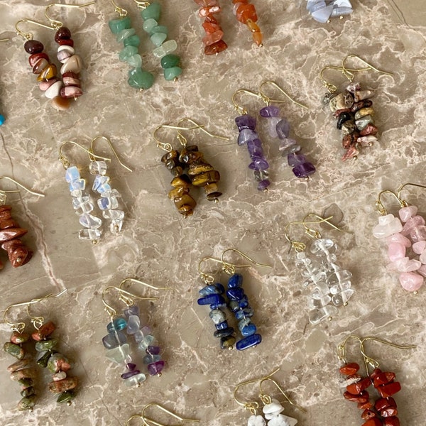 Crystal chip dangle earrings, healing stone earrings, dainty crystal earrings, semi precious stone earrings, boho chic hippie jewelry gift