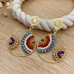 Boho Mandala Large Beaded Earrings, Colorful Wire Wrapped Dangles, Lightweight Circle Statement Jewelry Gift