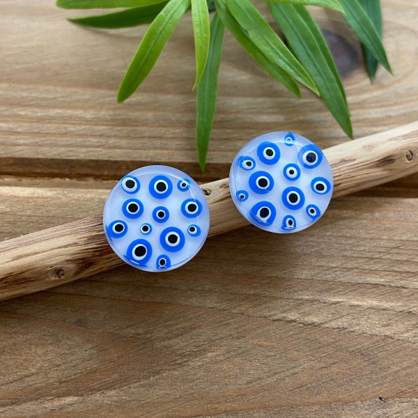 Handmade evil eye stud earrings, blue resin evil eye earrings, good luck earrings, empath protection earrings, turkish evil eye jewelry