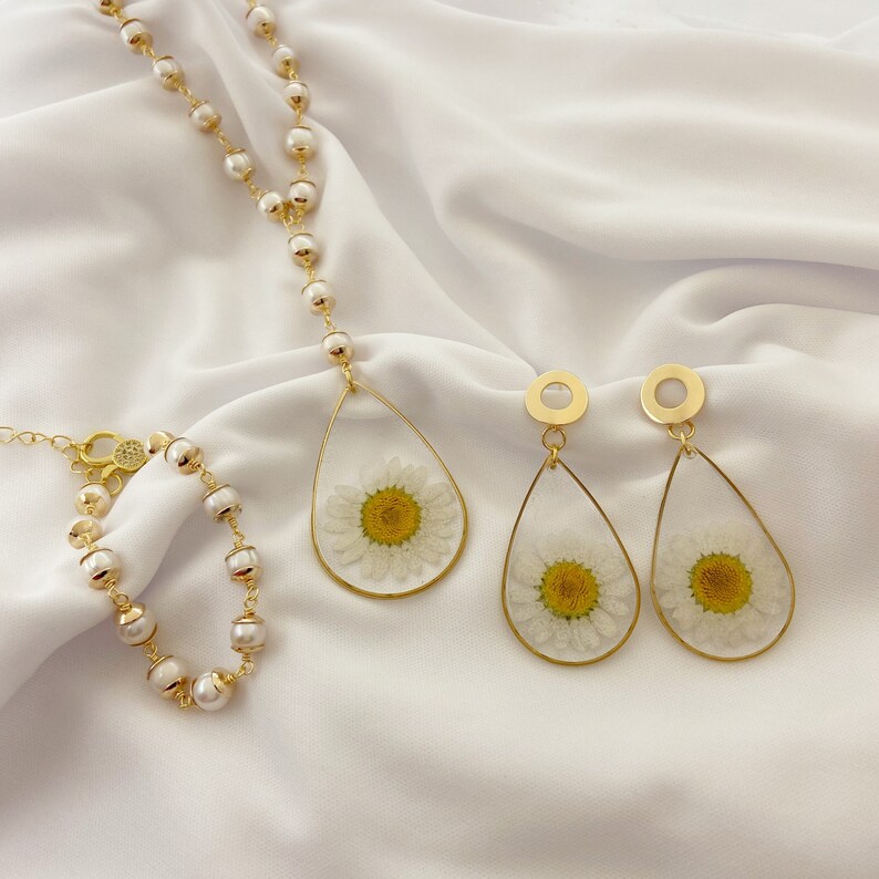 Real Daisy Flower Jewelry Set Pressed Flower Necklace and Etsy
