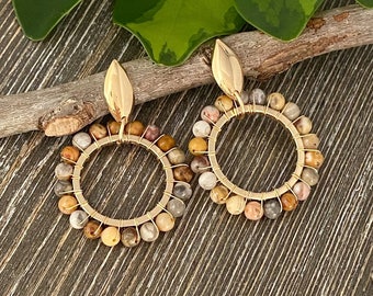 Wire Wrapped Yellow Crazy Lace Agate Dangle Earrings, Healing Crystals and Natural Stone Jewelry