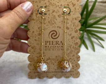 Handmade resin art earrings, natural mother of pearl shell earrings dangle, long bridal earrings, daily boho jewelry, gift for her