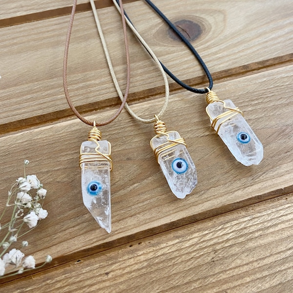 Crystal quartz evil eye necklace cord, empath protection pendant necklace, large gemstone pendant, blue evil eye necklace choker talisman