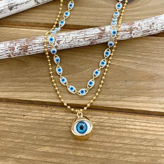 Blue Evil Eye Choker Gold Good Luck Layered Necklace Set | Etsy