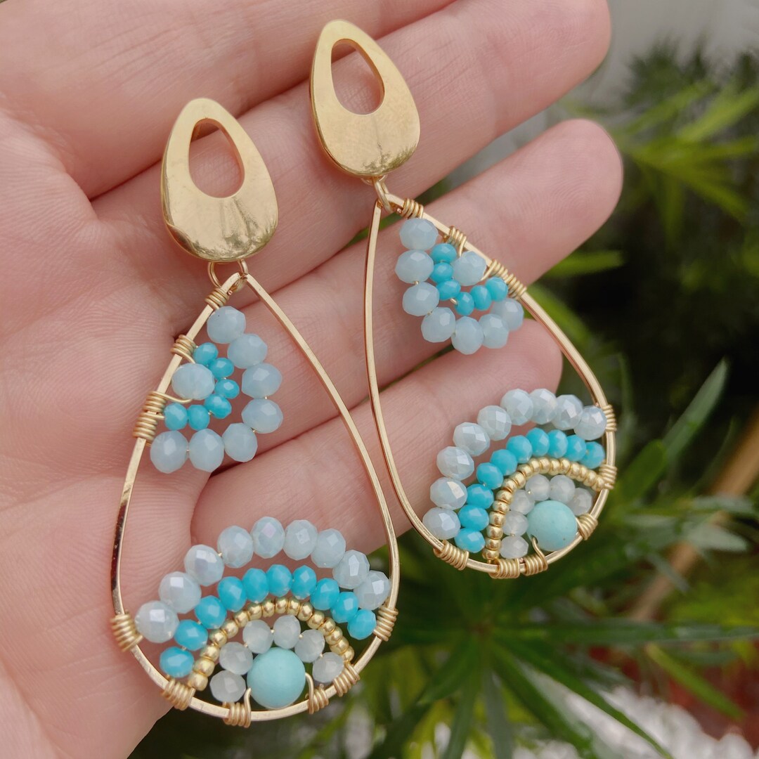 Sky Blue Earrings Dangle Bead Mandala Jewelry for Women Gold Etsy