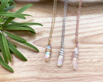 Angel aura crystal bar necklace, titanium rainbow aura quartz pendant necklace, raw crystal choker, boho trend jewelry, soul sister gift