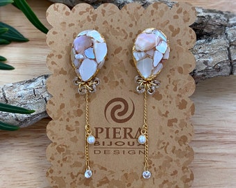 Handmade resin art earrings, natural mother of pearl shell earrings dangle, statement earrings resin, long bridal jewelry, gift for her