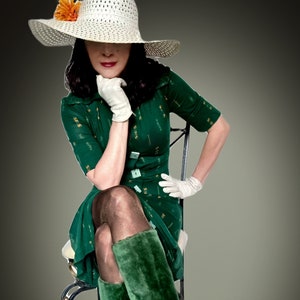 Kultiges Vintage Bus Stop Kleid von Lee Bender 1970er macht 1930er 1940er grün orange weiße Knopfleiste vorne Dekoknöpfe Puffschultern Kurzarm