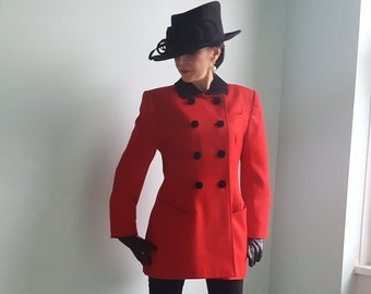 Vintage Mansfield equestrian inspired Red Wool Jacket riding wool velvet black double breasted fit & flare