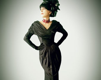 Beautiful vintage 1980s English Gothic Romance in black raw silk by LAURA ASHLEY vamp dress gown