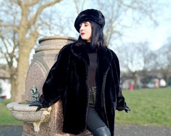 Vintage Michel Alexis Paris Faux Fur Coat: 1980s Sleek Black Power