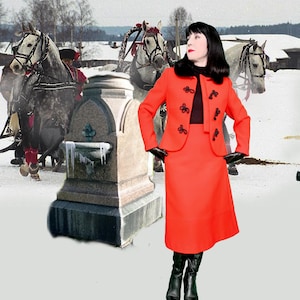 Vintage Mansfield frogging Princess skirt suit A line vibrant red wool & black mouton sheepskin fur collar semi fitted Cossack 1970s 1960s